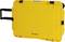 Yellow hard-shell suitcase with telescopic handle and wheels, suitable for travel or transporting delicate items.