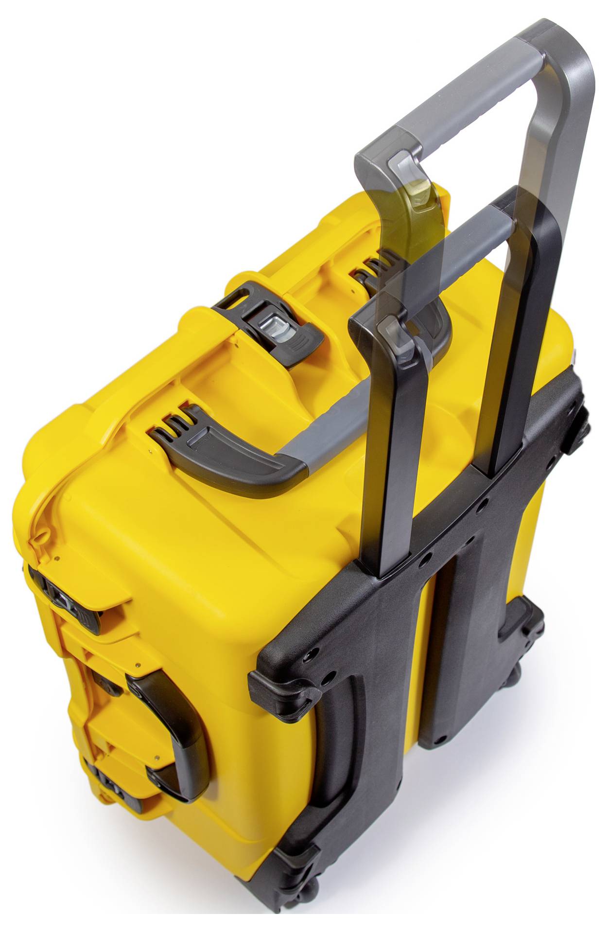 Yellow, robust suitcase with black carry handles and telescopic handle, visible from top and side, for transport purposes.