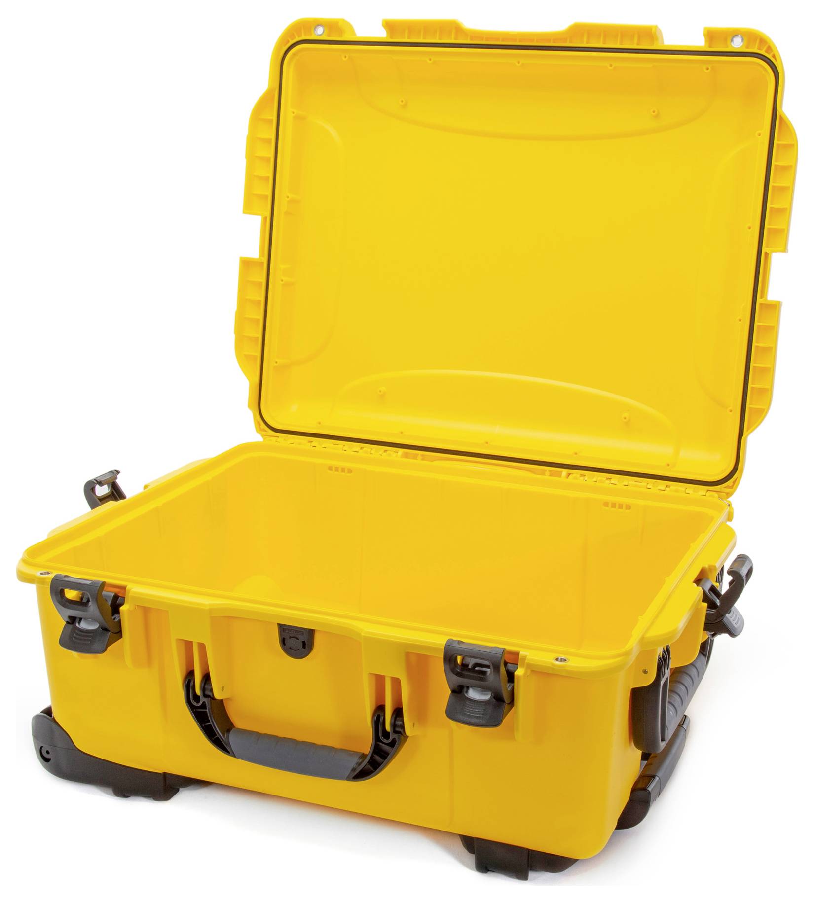 Yellow, open hard-shell suitcase with black handle and locks, suitable for protecting and transporting delicate equipment.