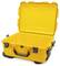 Yellow, open hard-shell suitcase with black handle and locks, suitable for protecting and transporting delicate equipment.