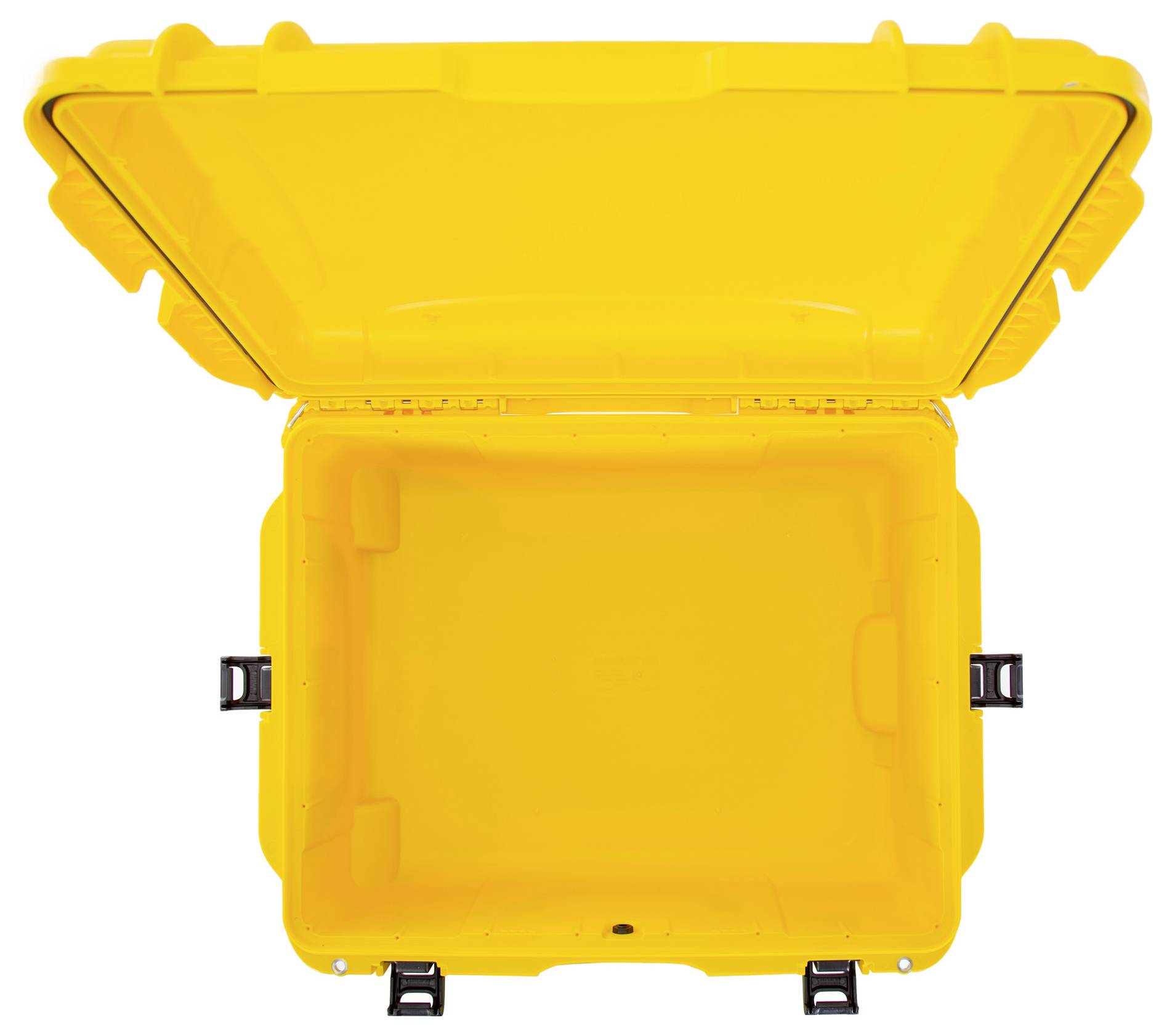 Open yellow plastic suitcase with a black fastener. The suitcase is empty and photographed from above.