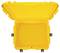 Open yellow plastic suitcase with a black fastener. The suitcase is empty and photographed from above.
