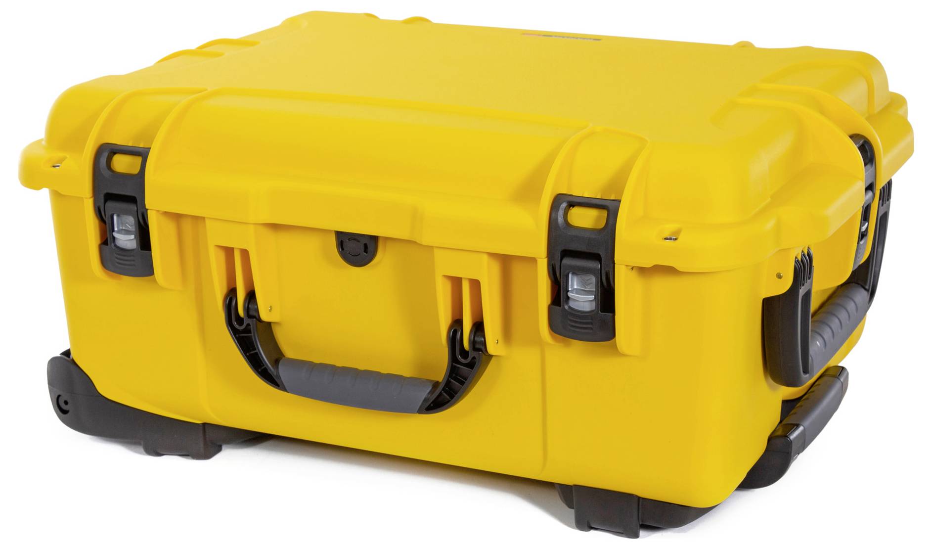 Yellow, robust suitcase with black handles and locks, standing on wheels. Ideal for secure transportation of delicate items.