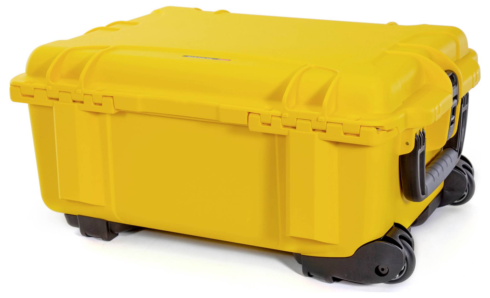 A yellow hard-shell suitcase with black, robust wheels and handles, suitable for the secure transportation of delicate items.