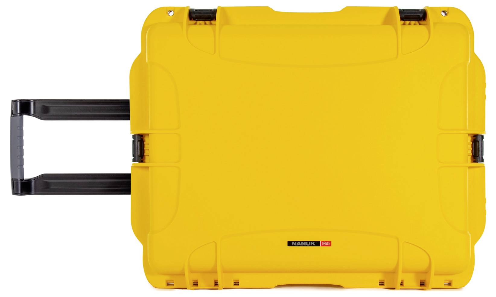 Yellow safety case with extendable handle and robust design, suitable for protecting sensitive equipment during transport.