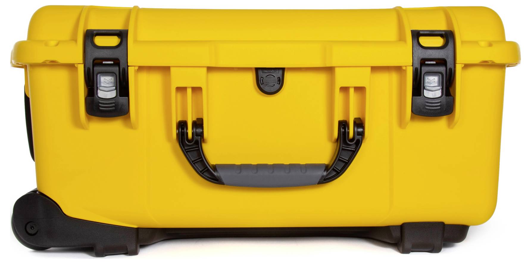 Yellow, robust protective case with black handle and closures, suitable for the secure transportation of delicate items.