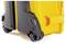 A yellow suitcase with black wheels and handle, shot in close-up. Right side of the suitcase visible, focusing on the details of the wheels.