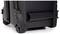Black suitcase with wheels on the underside and robust protective corners. Suitable for the secure transportation of delicate items.