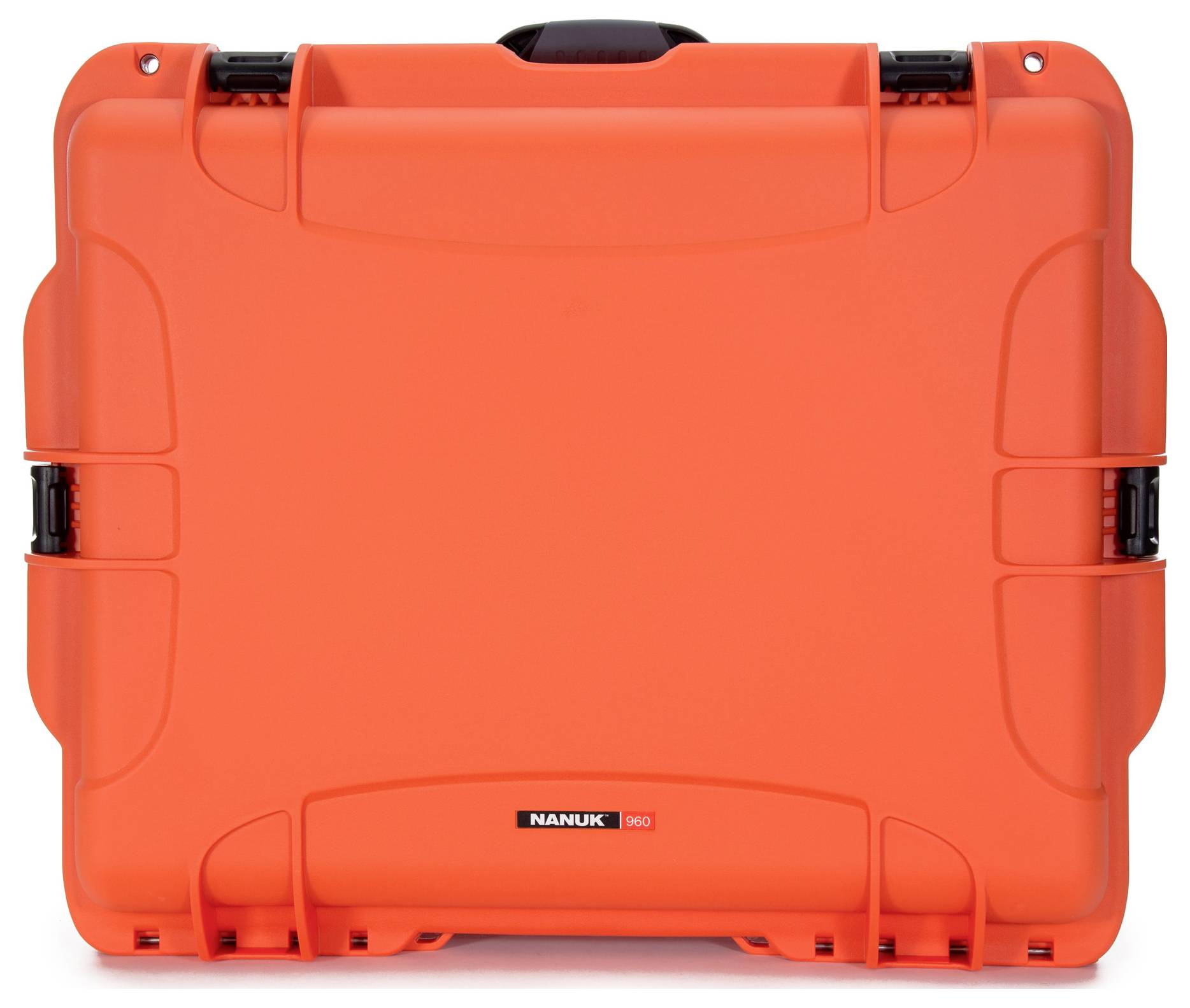 A bright orange protective case with a handle and locks, suitable for the safe transportation of delicate items.