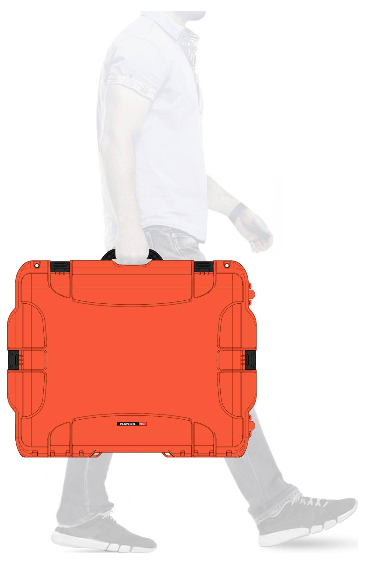 A person is carrying a large, bright orange suitcase by its handle. The suitcase dominates the image, with the focus firmly on it.