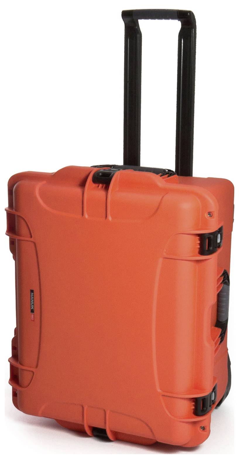 Red hard-shell suitcase with telescopic handle, suitable for travelling. It stands upright and is straightforward to transport.