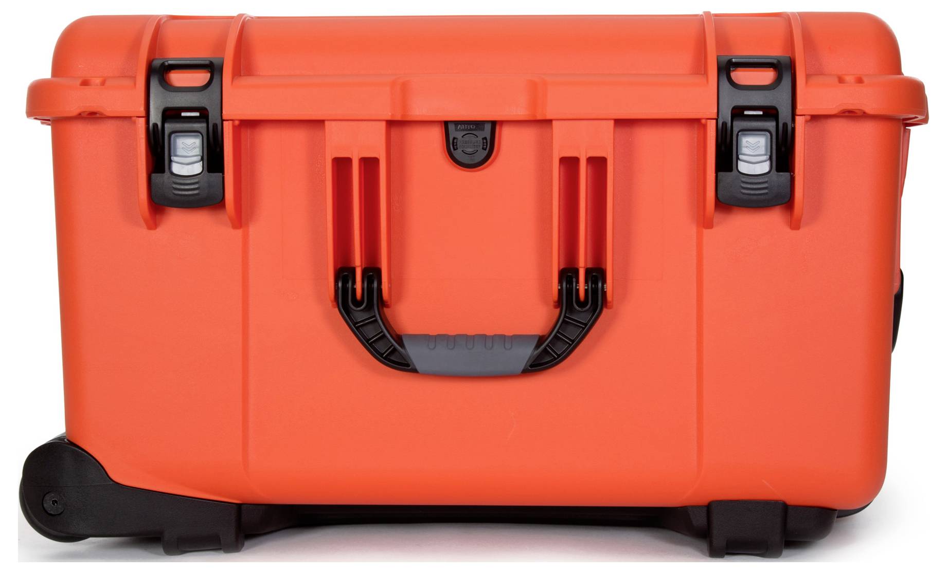 A robust, orange hard-shell suitcase with a black handle and locks, designed for transporting delicate equipment.