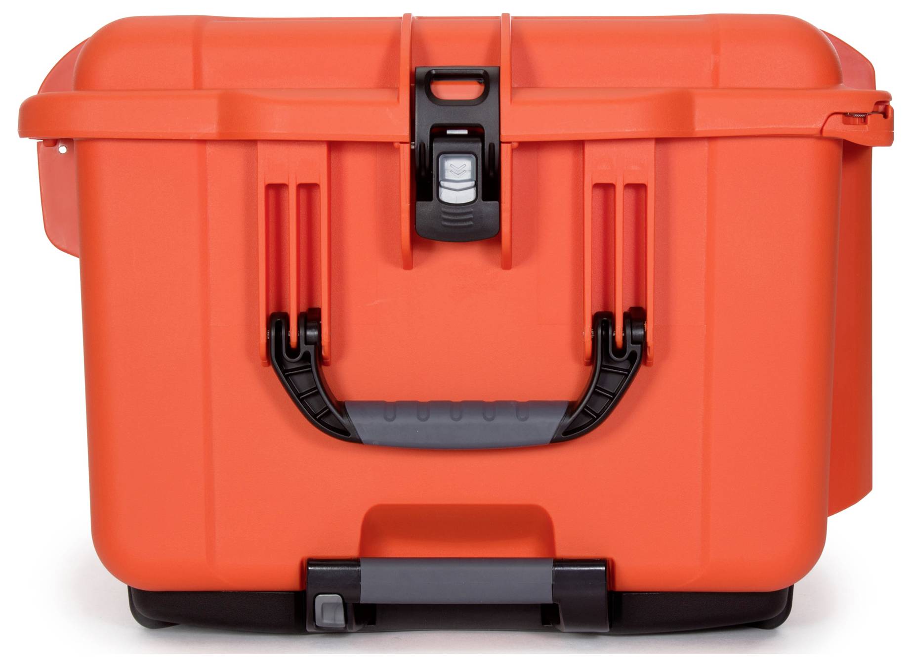 Red, sturdy tool case with black handles and latches, standing on a white background.