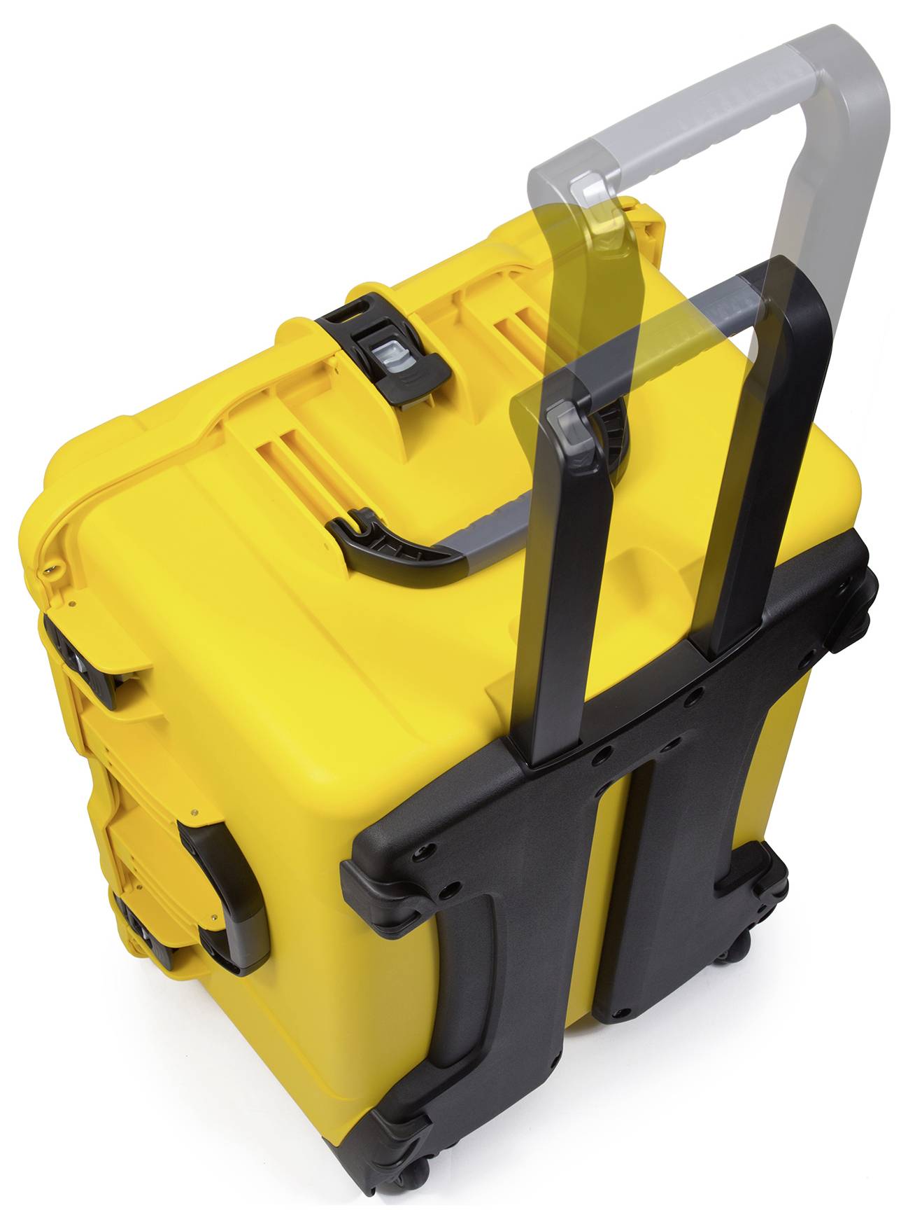 Yellow hard-shell suitcase with black, telescopic handle and wheels, suitable for travel or as a protective case for delicate items.
