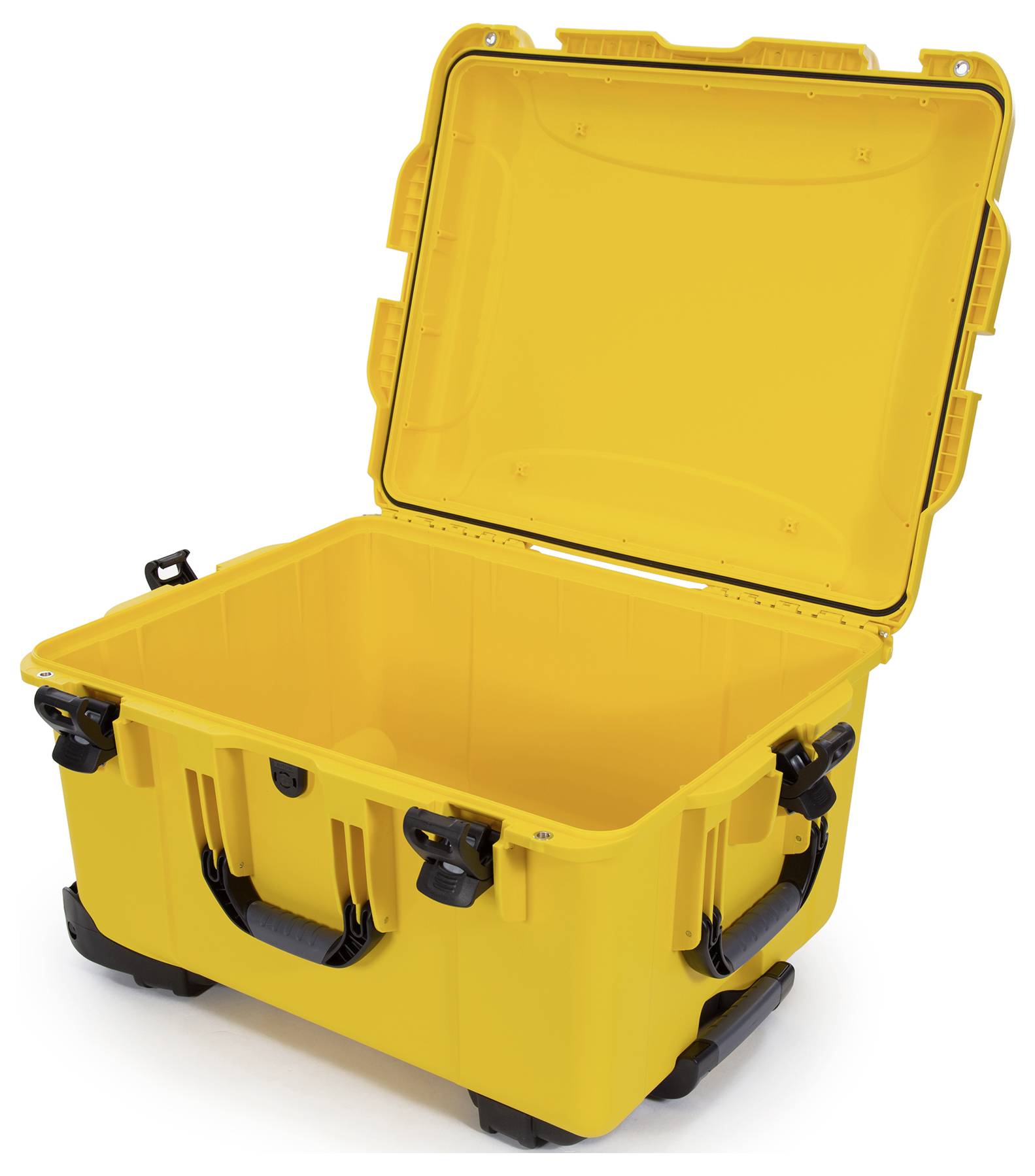 Yellow, open hard-shell suitcase with handles and clasps, suitable for the secure transportation of delicate items.