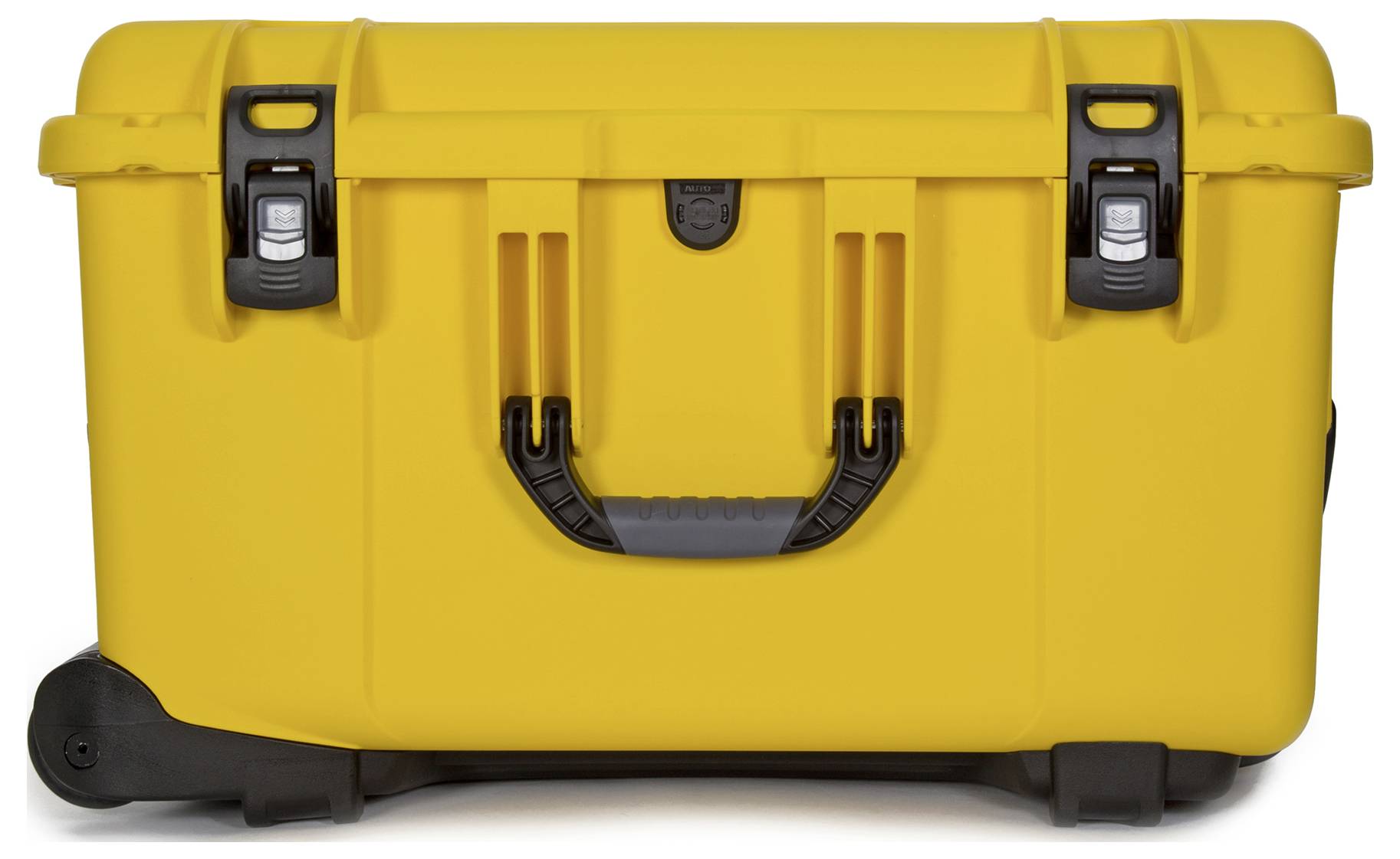 'Yellow, robust hard-shell suitcase with black handle and locks, suitable for secure transportation of delicate items.'
