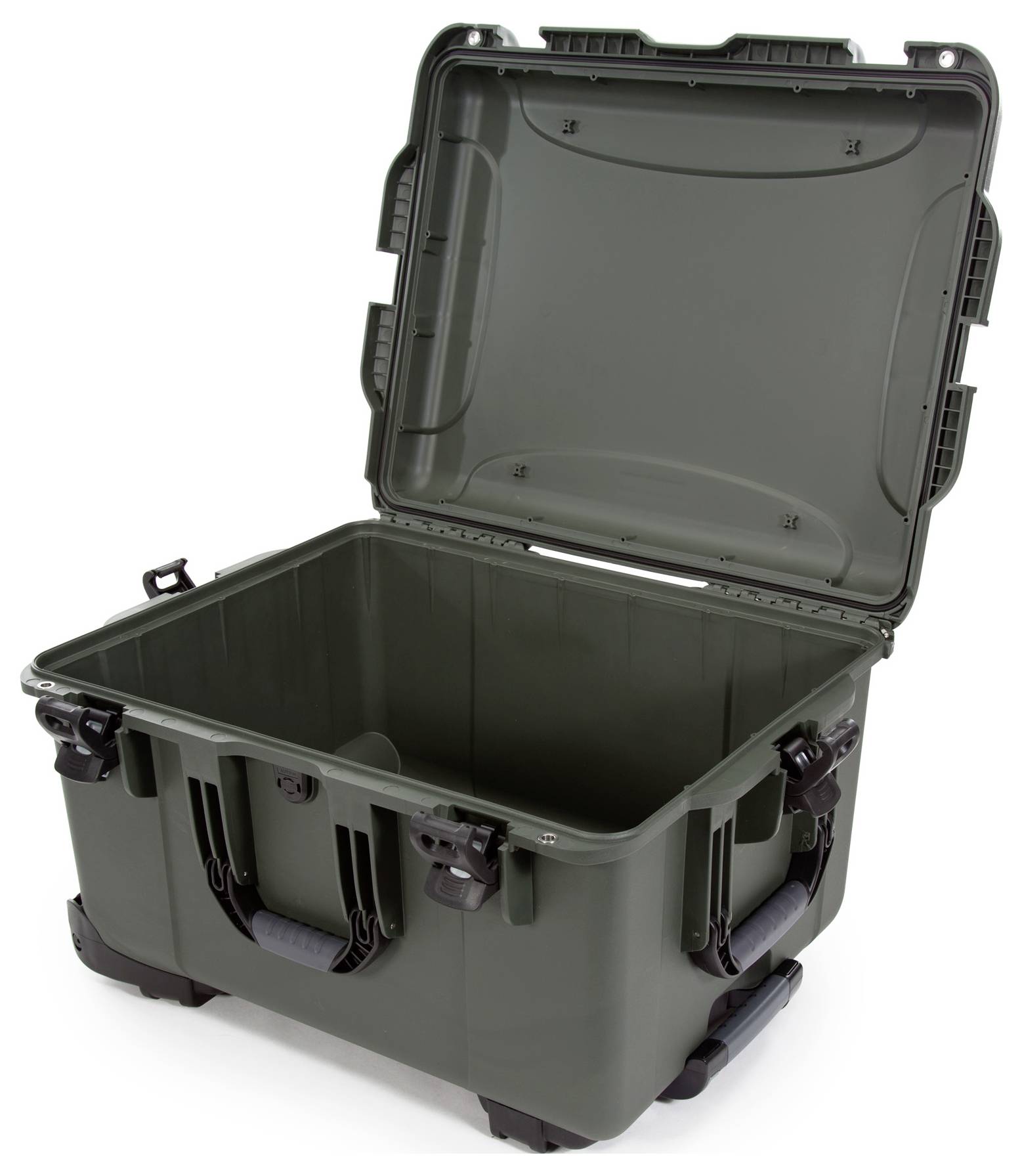 An empty, open green protective case with robust locks and handles for transporting valuable or delicate items.