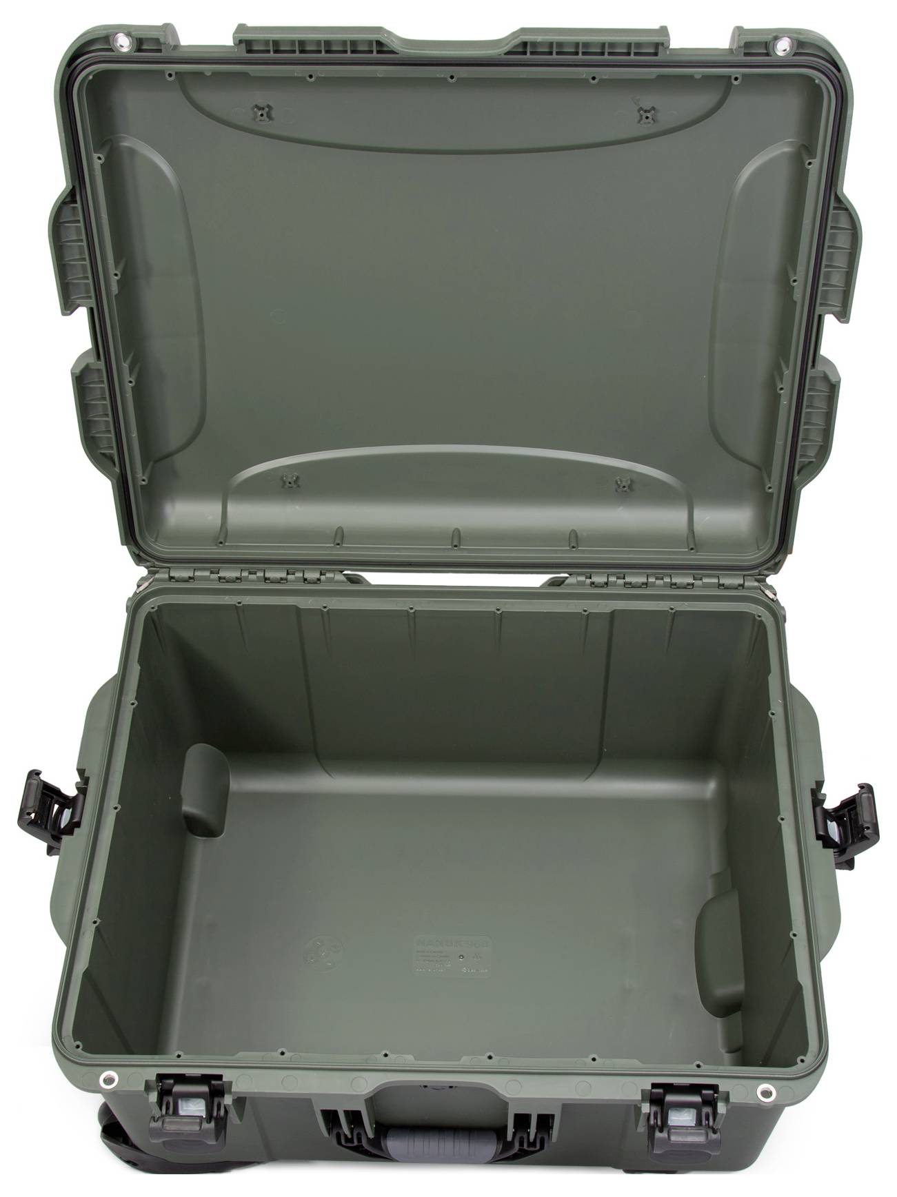 An opened, empty, olive green protective case with robust fastenings, suitable for securely transporting delicate equipment.