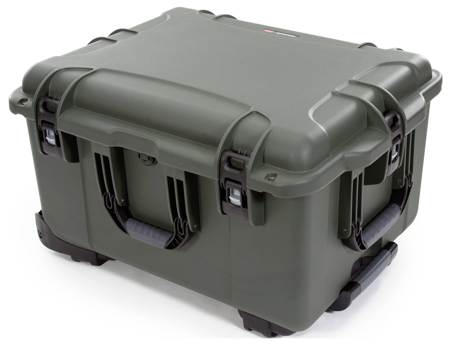 Green, robust protective case with reinforced corners and sturdy handles, suitable for the safe transportation of delicate equipment.