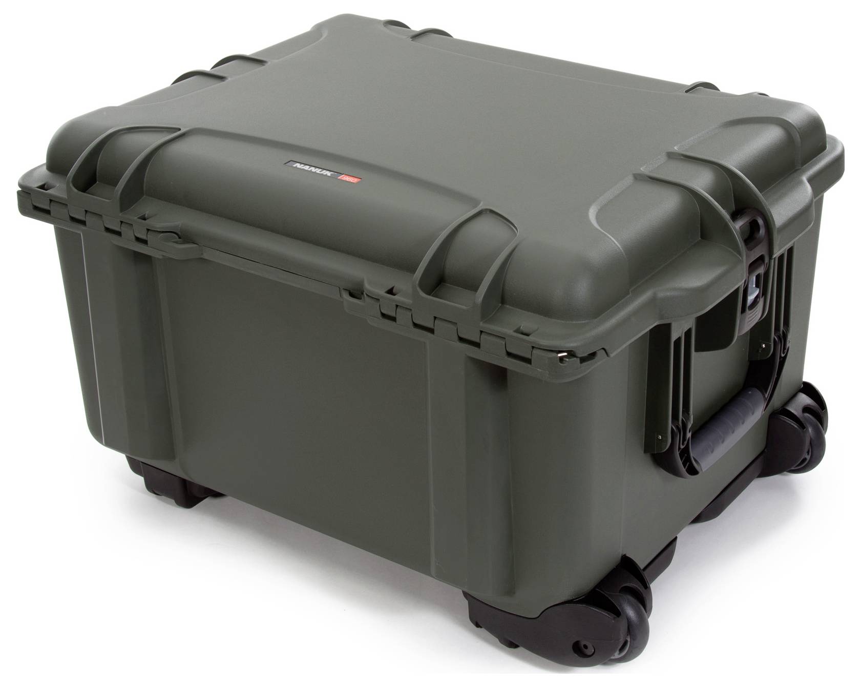 Sturdy, robust green suitcase with handles and wheels, closed.