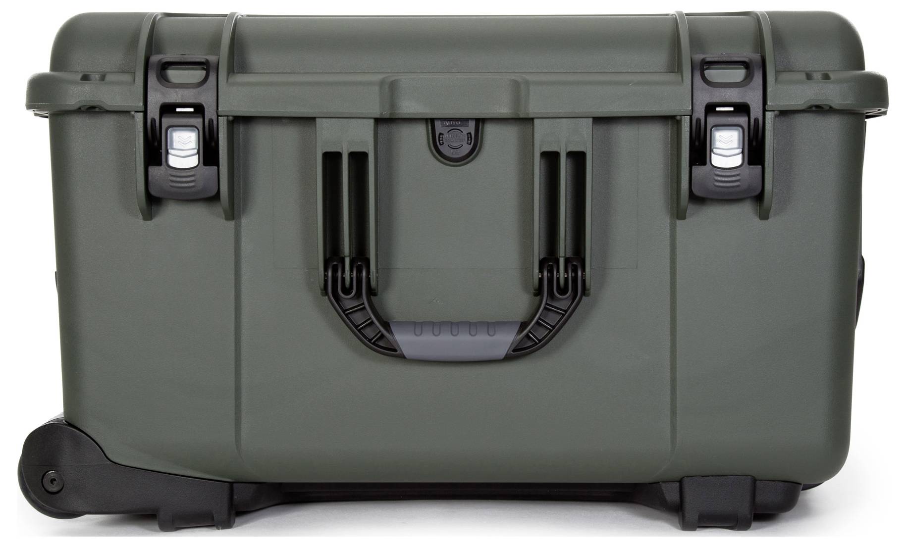 A sturdy, grey hard-shell suitcase with two silver locks and a carry handle.