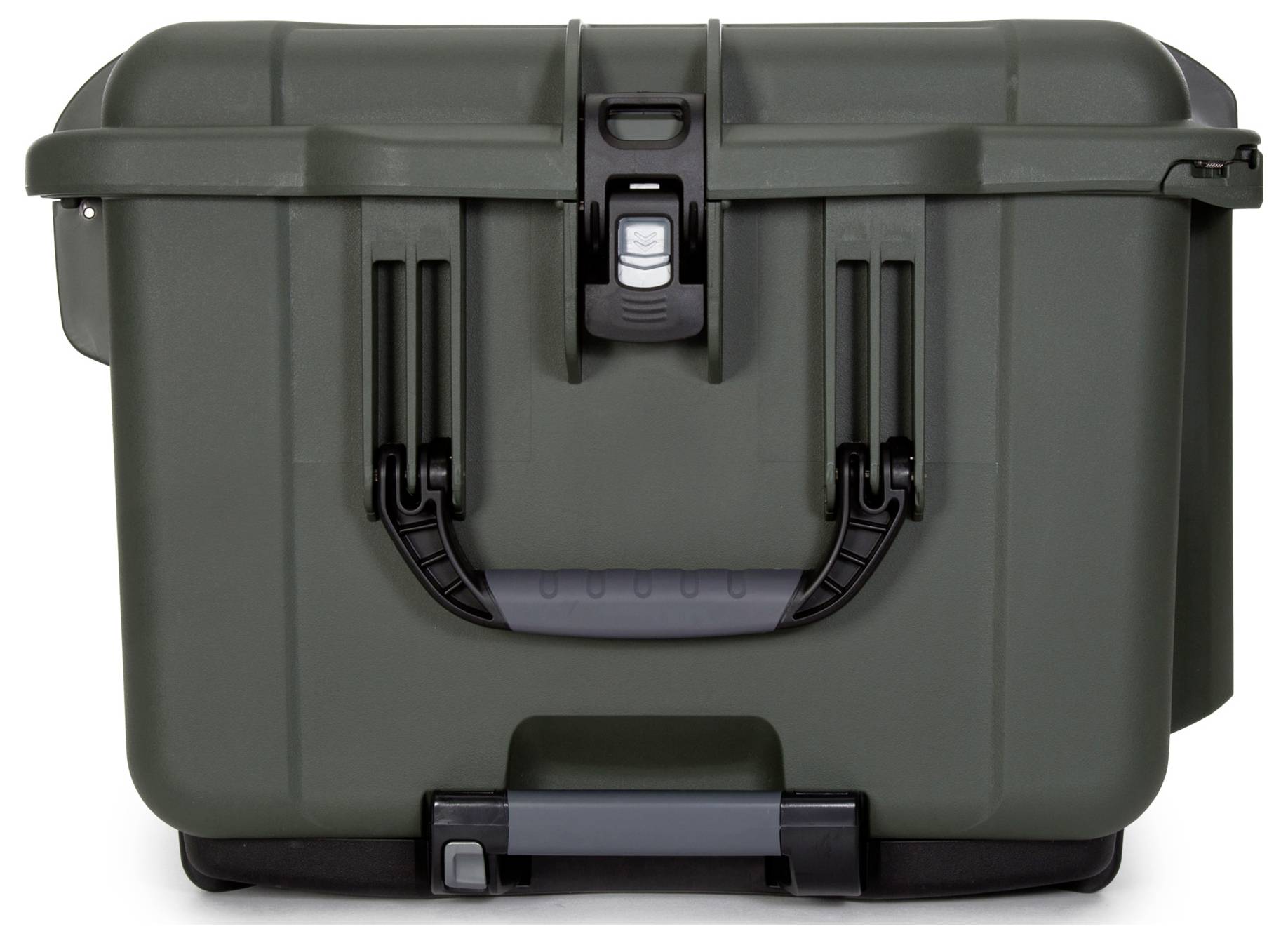 A robust, dark green plastic storage box with a black handle and front fastener, suitable for outdoor activities.