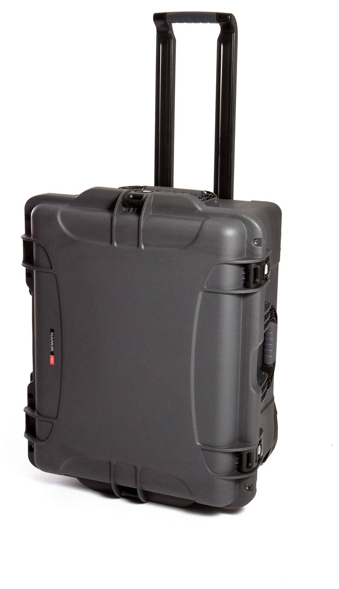 Black, robust hard-shell suitcase with telescopic handle, standing upright with handle extended.