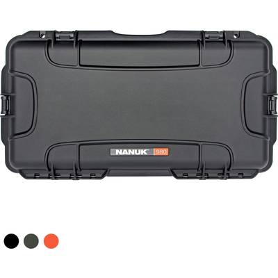 Black Nanuk 980 Protective Case, rectangular, robust design, side locks, suitable for transporting sensitive equipment.