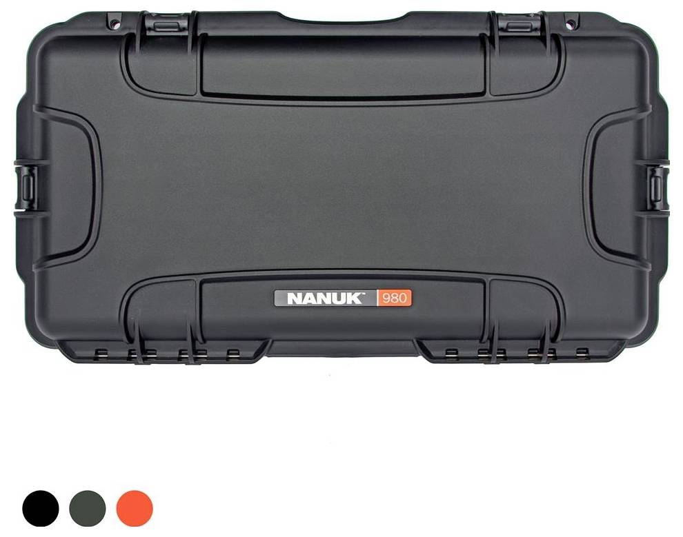 'Nanuk 980' protective case in Black. Robust, waterproof case for protection and transportation. Colours available: Black, Grey, Orange.