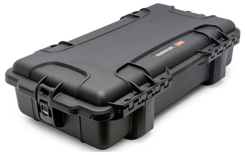 Black hard-shell suitcase with snap locks, robust design and a handle on the front.