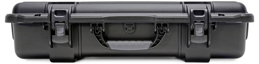 Black, sturdy hard-shell case with carry handle and robust locks, ideal for protecting delicate equipment.