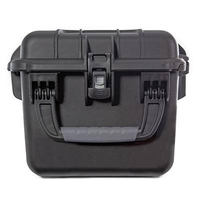 Black, robust protective case with sturdy handle and secure locking mechanism, suitable for safe transportation.