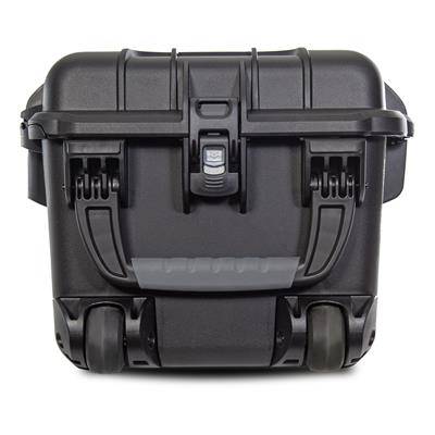 Black, robust protective case with two wheels and a central closure. Suitable for secure transportation and storage.