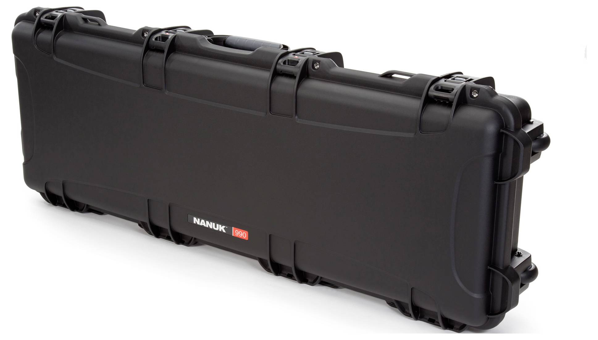 A long, black hard-shell case with multiple locks, suitable for securely transporting sensitive equipment.