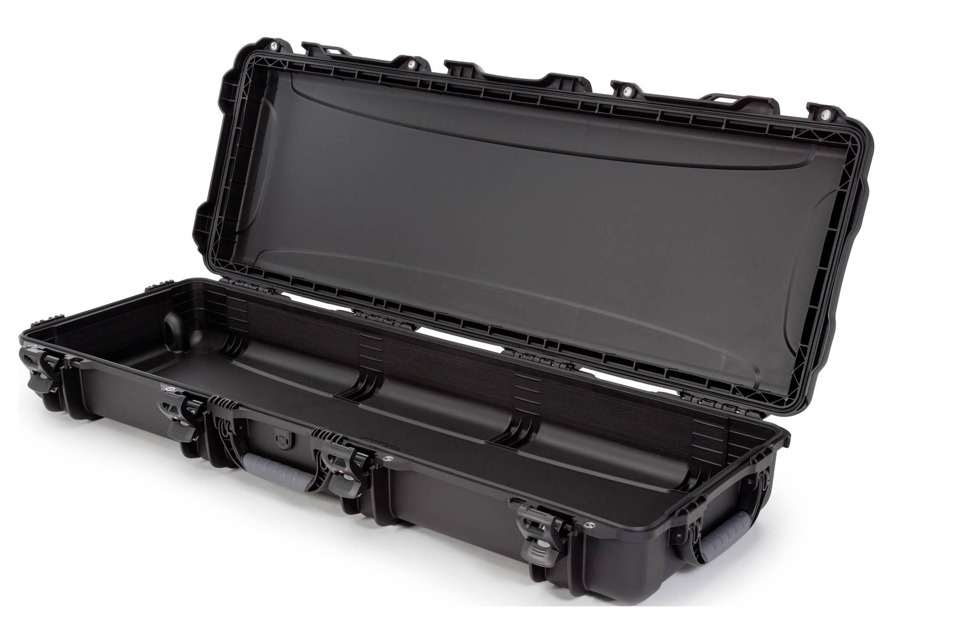 Black, open, elongated suitcase with robust design and handles, suitable for the secure transport of items.