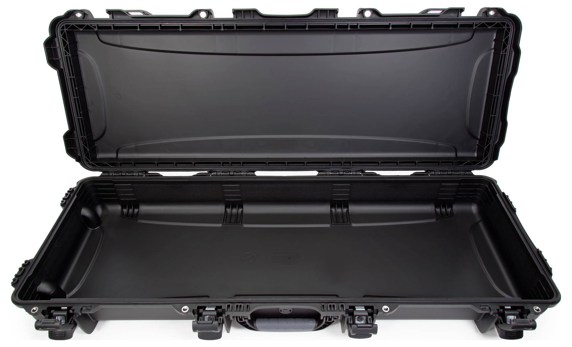 An open, black, robust suitcase without contents. The suitcase has snap locks and handles for easy transport. It is shock-resistant and protects delicate equipment.