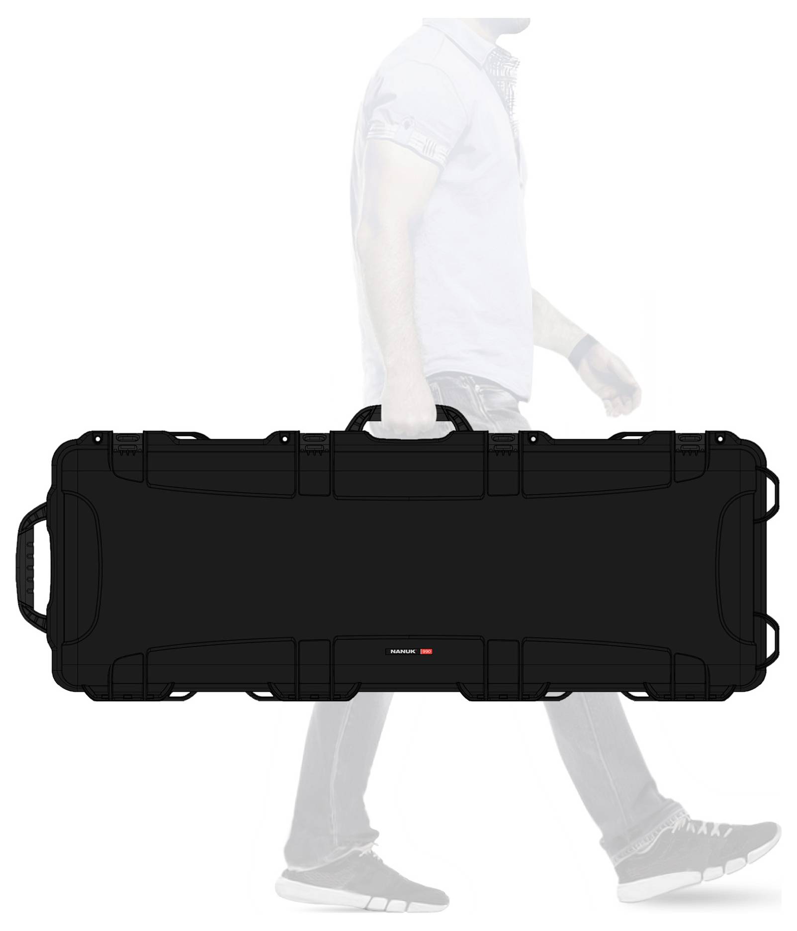 A man is carrying a large black suitcase with handles. He is walking, and the suitcase has a simple design.