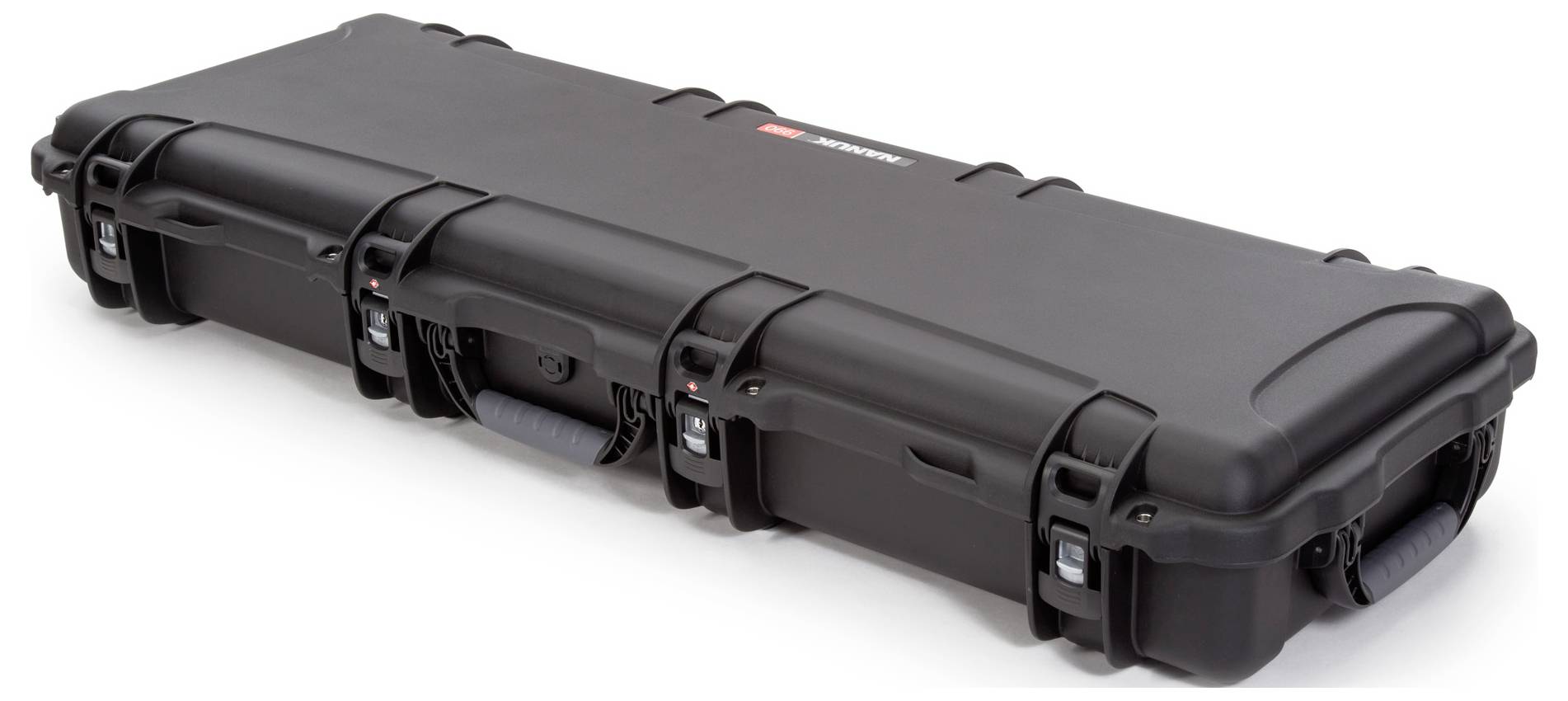 Black, robust suitcase with side handles, suitable for the secure transportation of delicate equipment or gear.