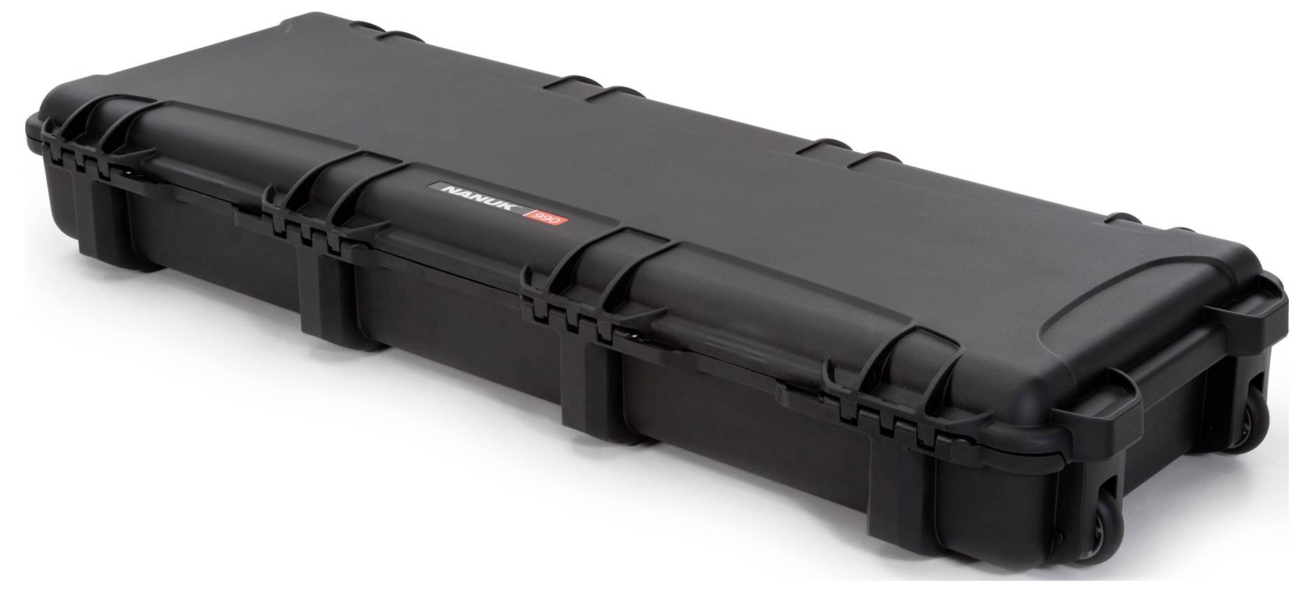 Black, elongated hard-shell case with robust locks and carry handle, suitable for securely transporting delicate items.