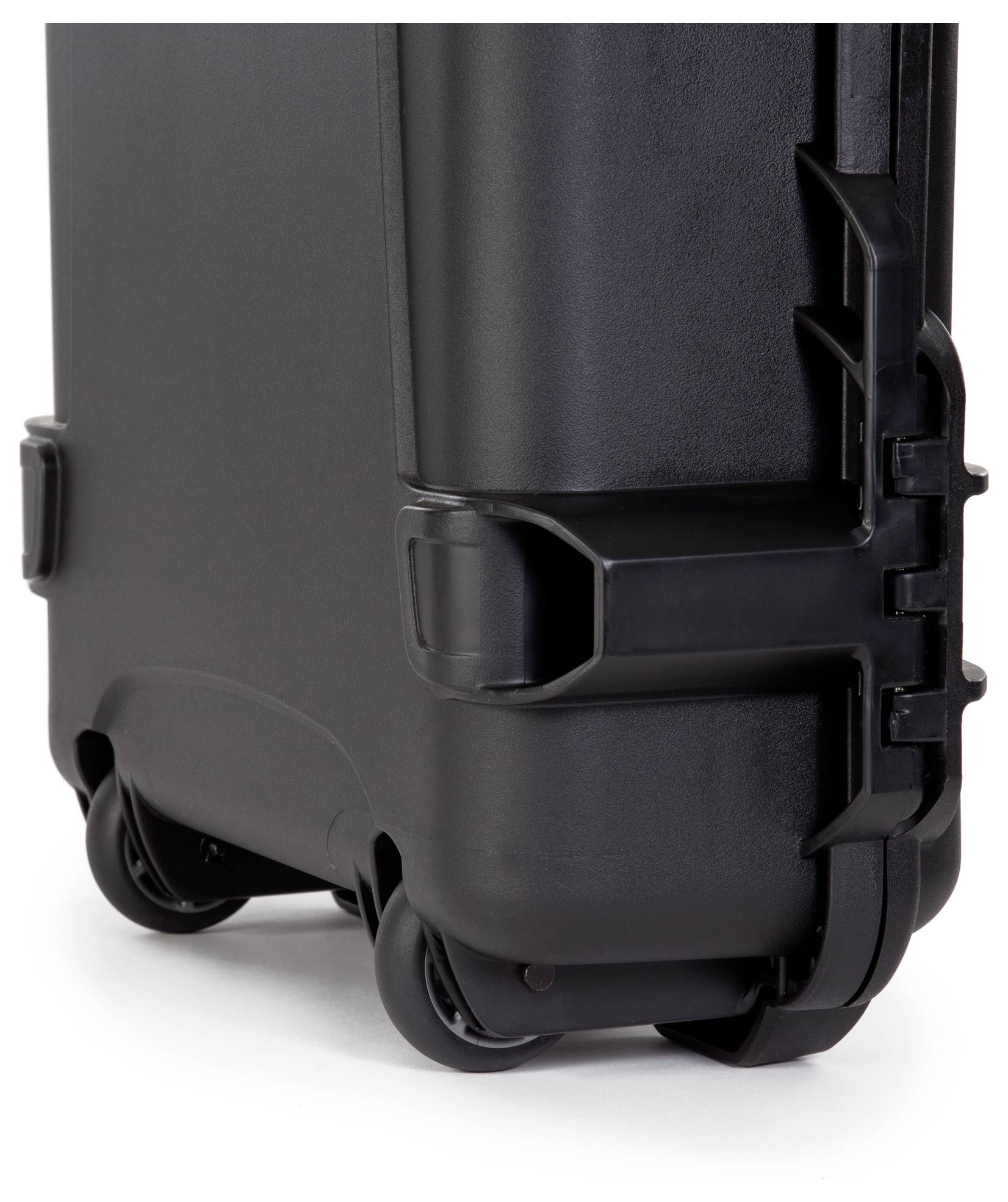 Hard-shell black suitcase with wheels and robust protective edges, suitable for the secure transportation of delicate items.