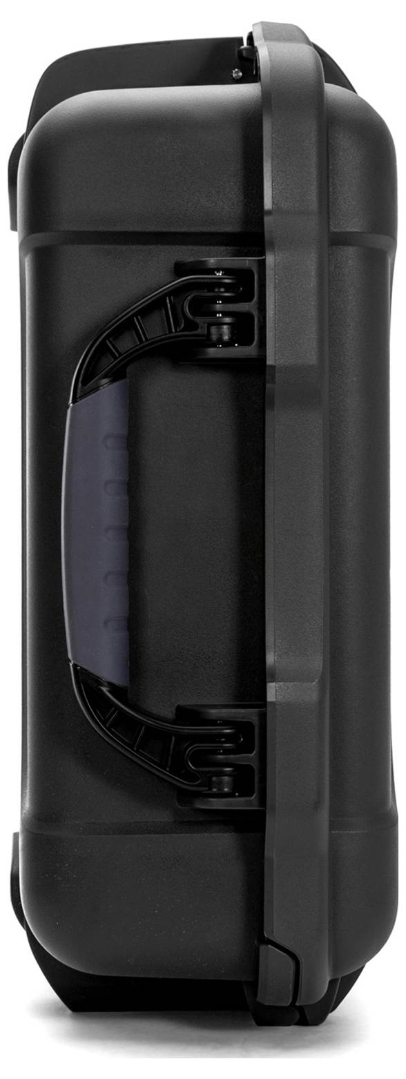 Black, robust hard-shell suitcase from the side, with handle and sturdy locks.