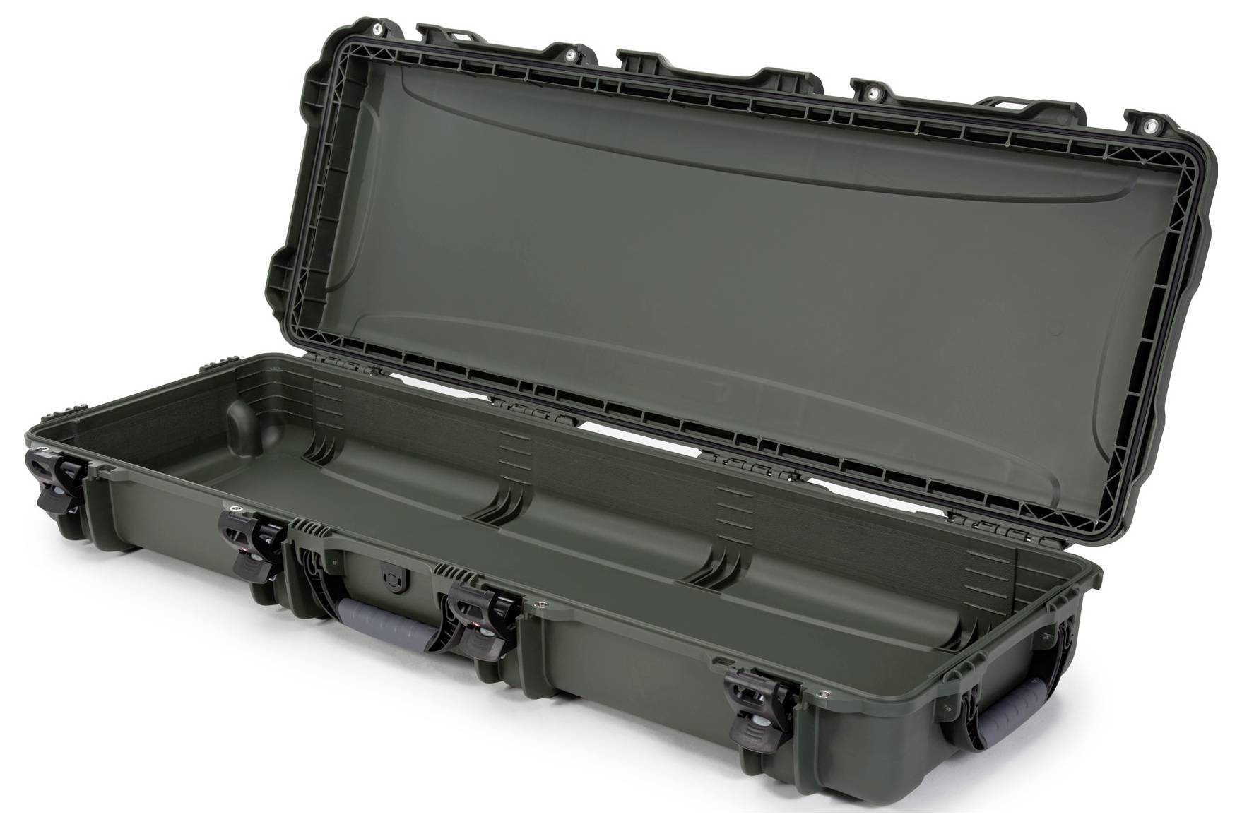An opened, empty, robust transport case made of dark plastic with handles, suitable for the safe transportation of delicate items.