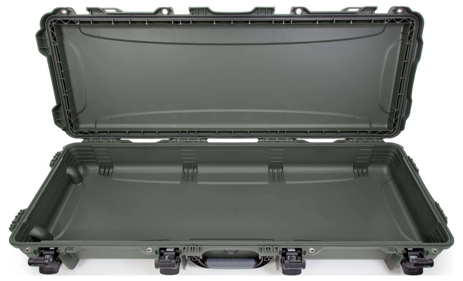 An open, empty, green protective case made from robust material with foam padding, suitable for transporting delicate items.