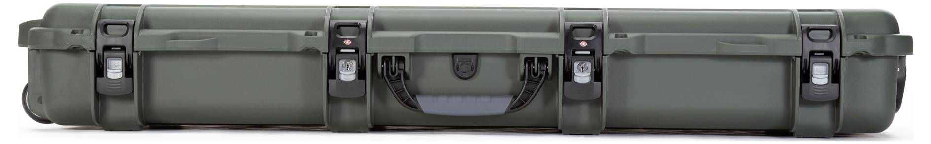 Long, green hard-shell suitcase with black handle and clasps. Suitable for safely transporting delicate items.