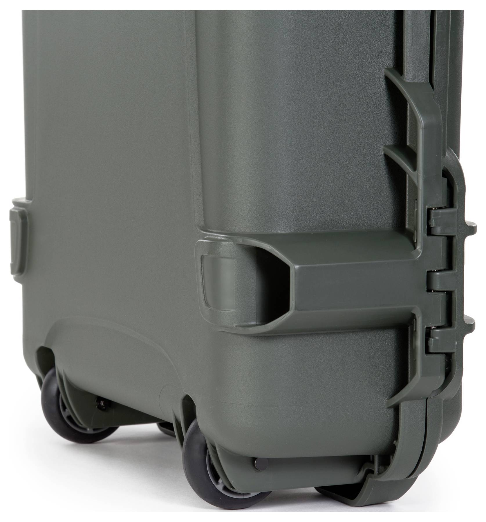 A sturdy, dark green suitcase with robust wheels and side handles, suitable for the secure transportation of delicate items.