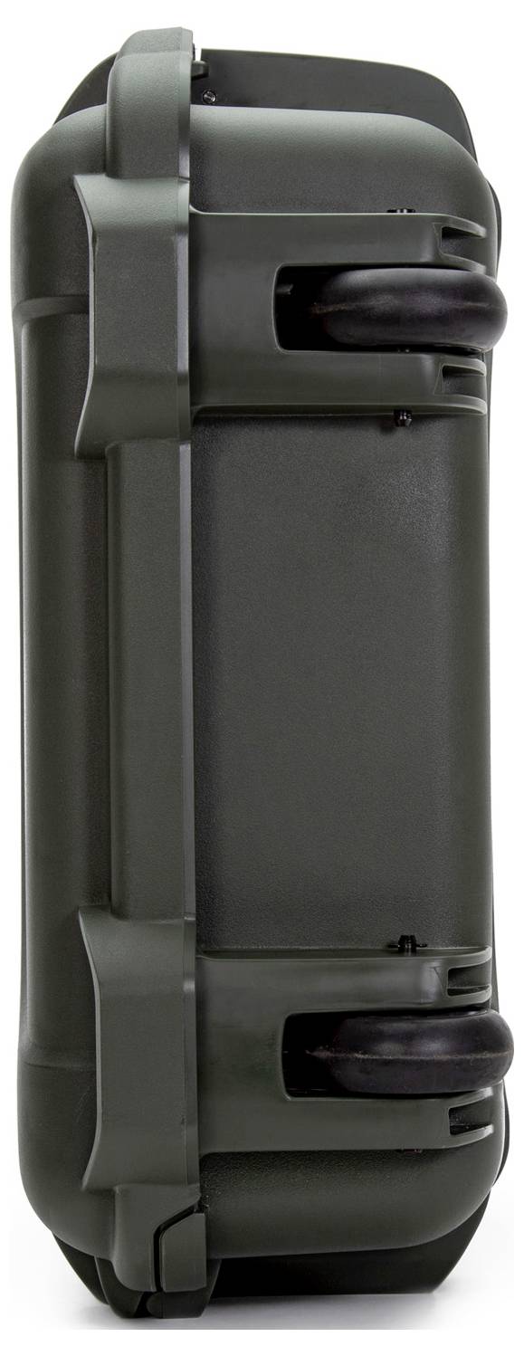 A robust, dark grey hard-shell suitcase with two sturdy wheels and a side handle, designed for easy travelling.