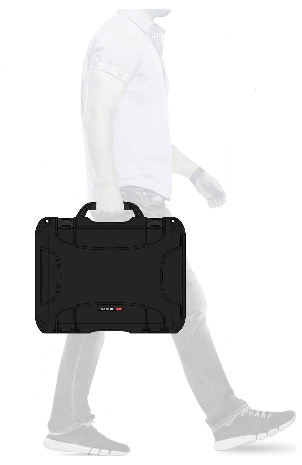 A person is holding a black hard-shell suitcase with a handle. They are wearing light-coloured jeans and a t-shirt.