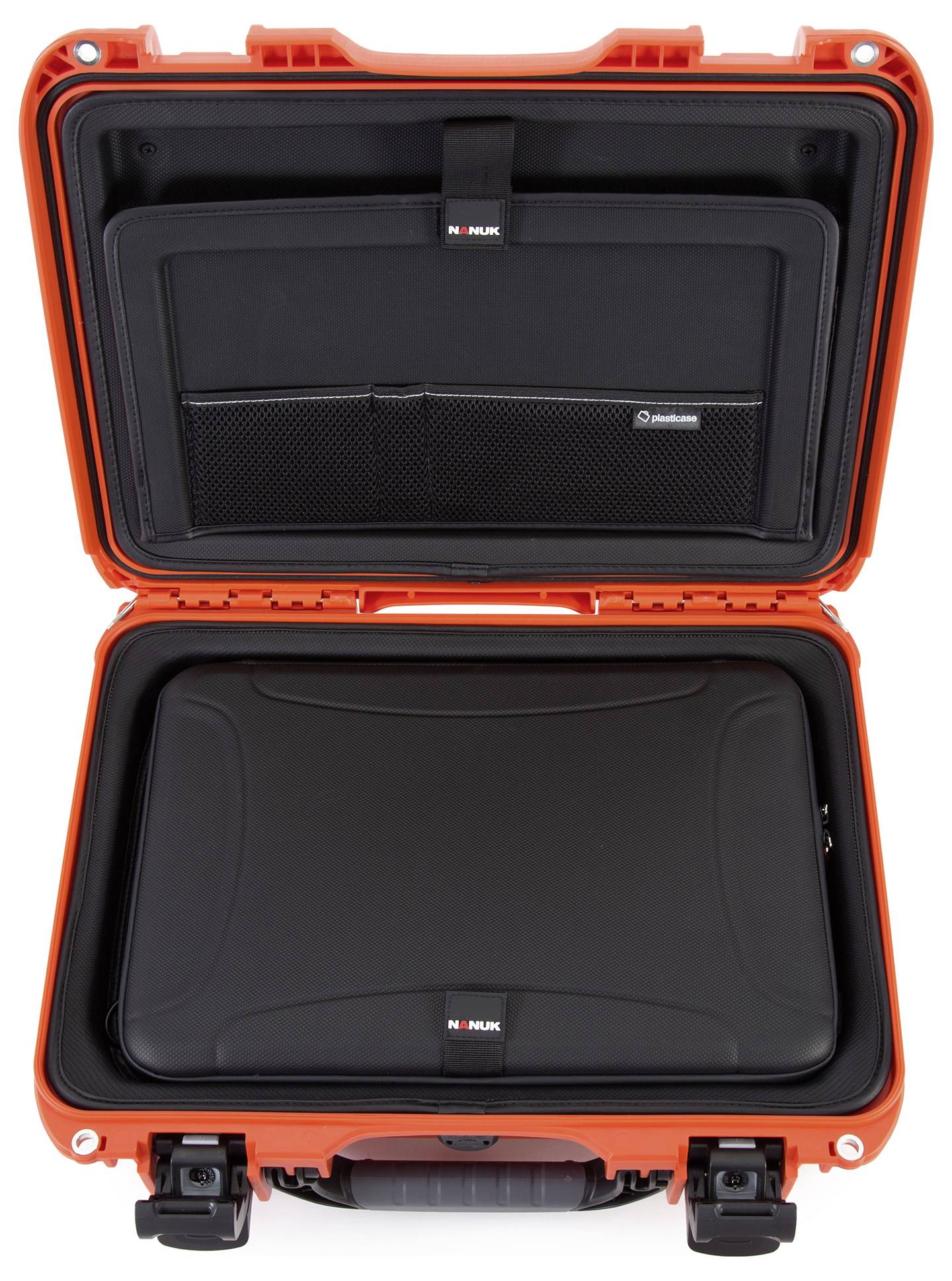 A red, open protective case with black foam padding, suitable for the secure transportation of a laptop or similar devices.