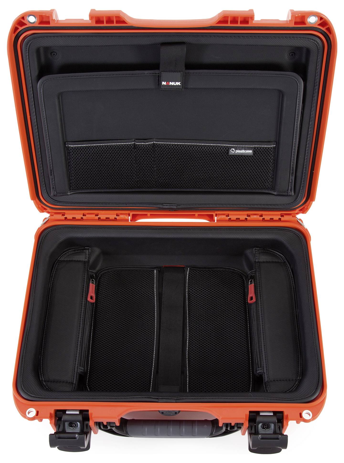 An open, orange hard-shell suitcase with black interior padding and compartments, suitable for the secure transportation of equipment.