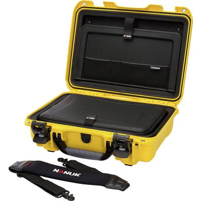 A yellow transport case with an open lid reveals a secure, padded interior. A shoulder strap lies beside it.